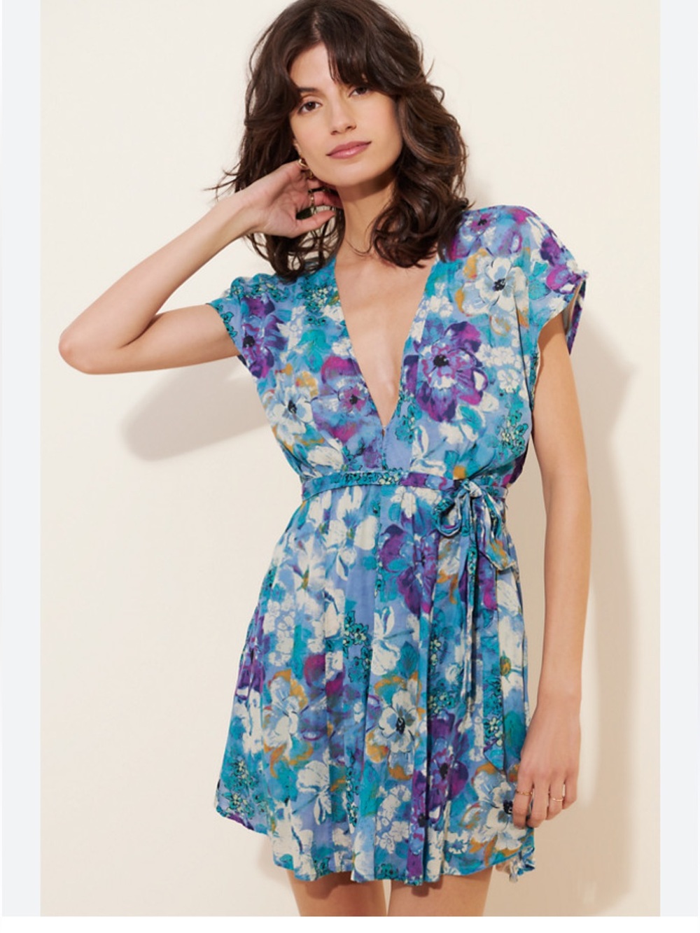 Free People Teal Floral Mini Dress with Purple & White Accents